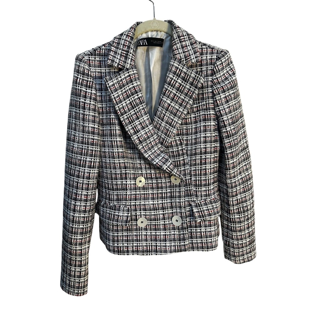 Zara Women Black White Red Tweed Plaid Double Breasted Blazer Jacket Small